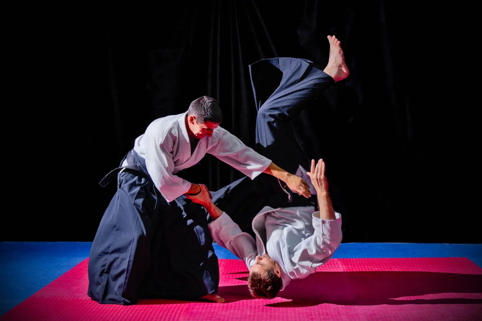 Zwei Aikido-Kämpferinnen in dynamischer Aktion.